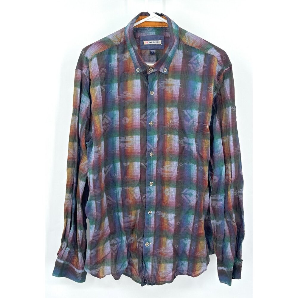 32 Bar‎ Blues Shirt Men XL Plaid Button Down Long Sleeve Linen